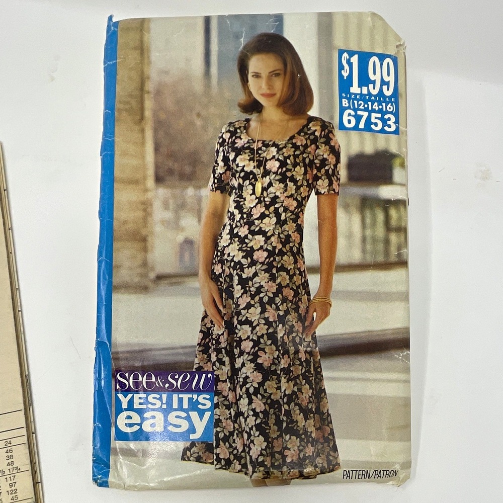 Butterick See & Sew 6753 Misses Dress Pattern Vintage‎ Cut to Size 14 Floral